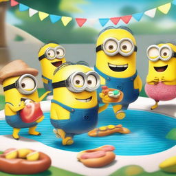 A fun and vibrant scene featuring Minions at a pool party