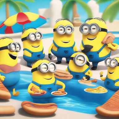 A fun and vibrant scene featuring Minions at a pool party