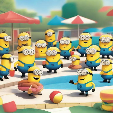 A fun and vibrant scene featuring Minions at a pool party