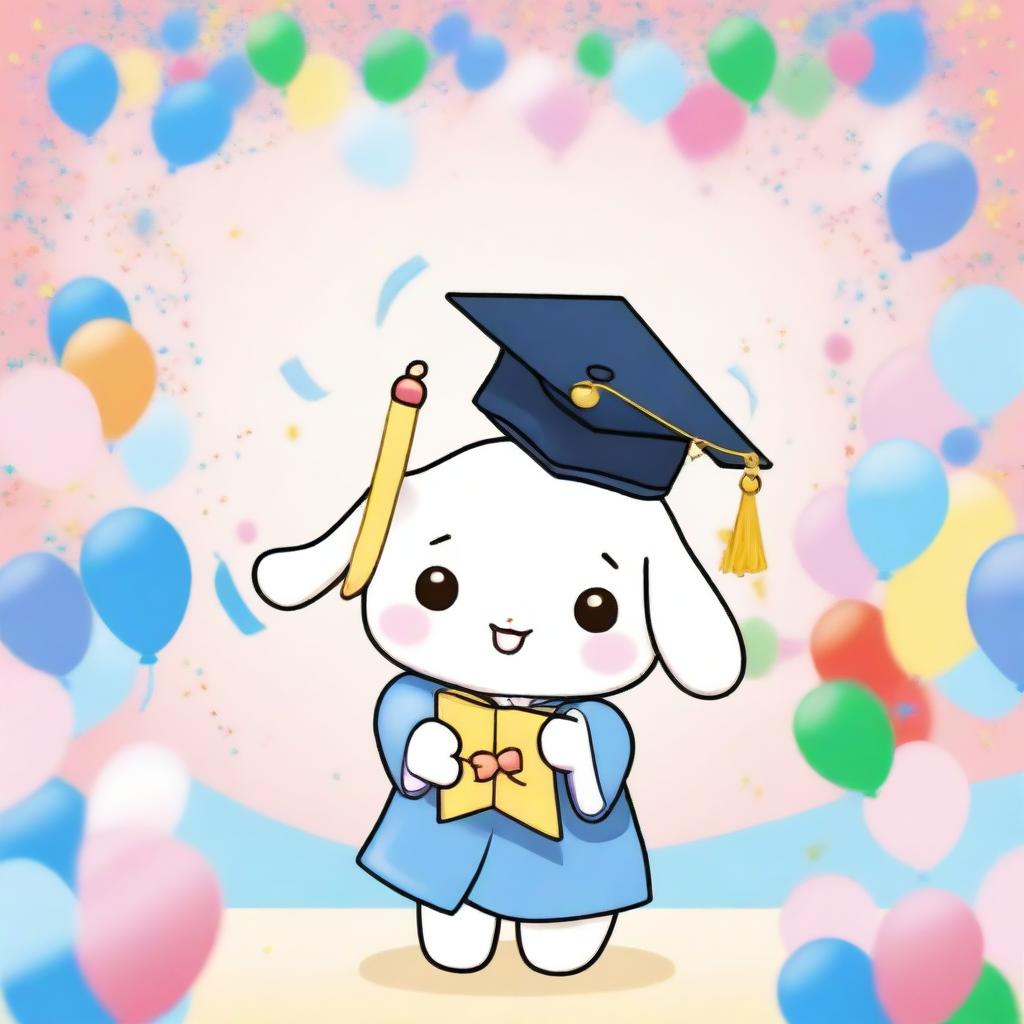 A cute image of Cinnamoroll, the Sanrio character, dressed in a graduation cap and gown, holding a diploma