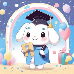 A cute image of Cinnamoroll, the Sanrio character, dressed in a graduation cap and gown, holding a diploma