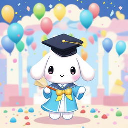 A cute image of Cinnamoroll, the Sanrio character, dressed in a graduation cap and gown, holding a diploma