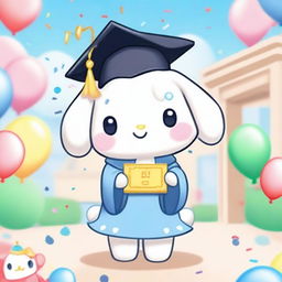 A cute image of Cinnamoroll, the Sanrio character, dressed in a graduation cap and gown, holding a diploma