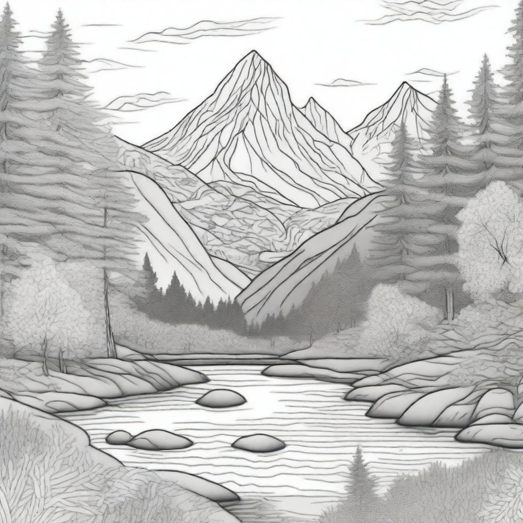 A beautifully detailed black and white illustration of a serene landscape featuring mountains, rivers, and trees