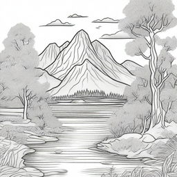 A beautifully detailed black and white illustration of a serene landscape featuring mountains, rivers, and trees