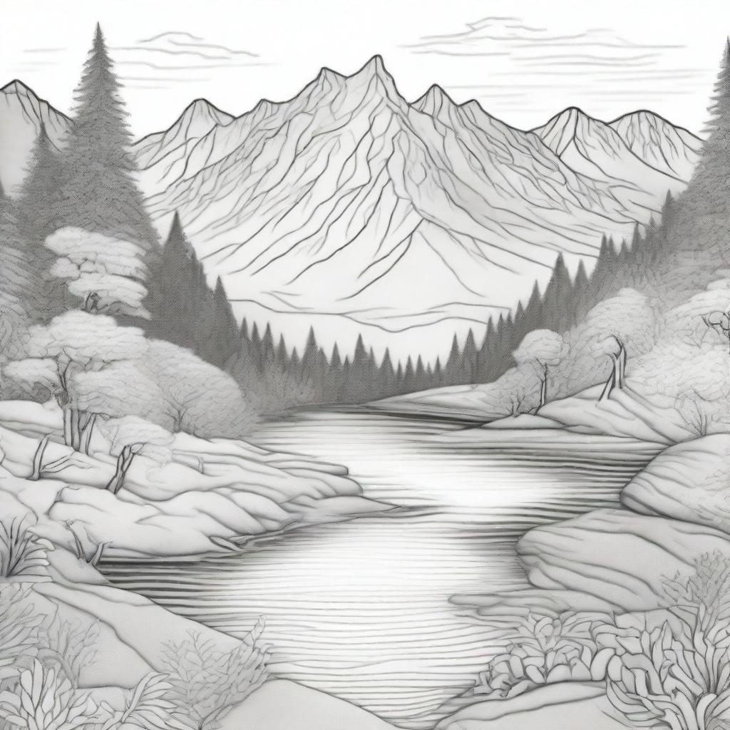 A beautifully detailed black and white illustration of a serene landscape featuring mountains, rivers, and trees