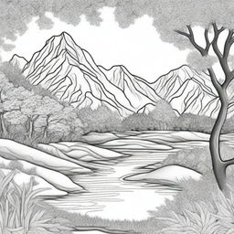 A beautifully detailed black and white illustration of a serene landscape featuring mountains, rivers, and trees