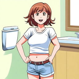 A young girl in a casual outfit looking uncomfortable and holding her stomach, indicating that she needs to use the bathroom