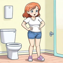 A young girl in a casual outfit looking uncomfortable and holding her stomach, indicating that she needs to use the bathroom