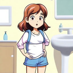 A young girl in a casual outfit looking uncomfortable and holding her stomach, indicating that she needs to use the bathroom