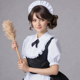 Anime-style girl dressed in a detailed and elegant maid costume, with expressive eyes and styled hair. She carries a feather duster in one hand and has a friendly, welcoming aura.