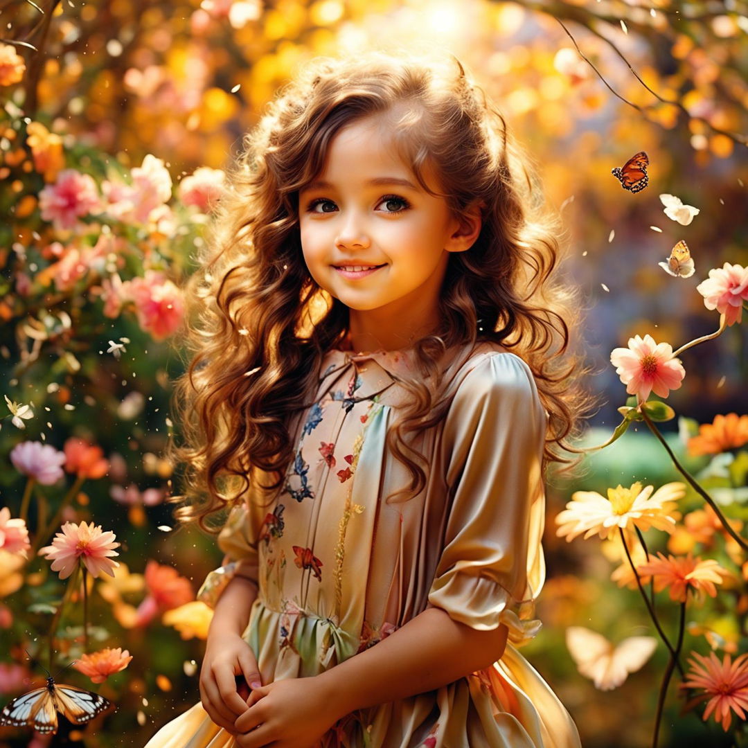 A charming portrait of a young girl in a picturesque garden, exuding innocence and happiness with flowers, butterflies, and a warm, golden glow