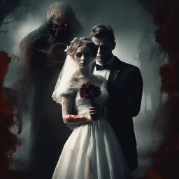 A horror movie poster featuring a bride and groom getting married