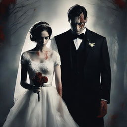 A horror movie poster featuring a bride and groom getting married