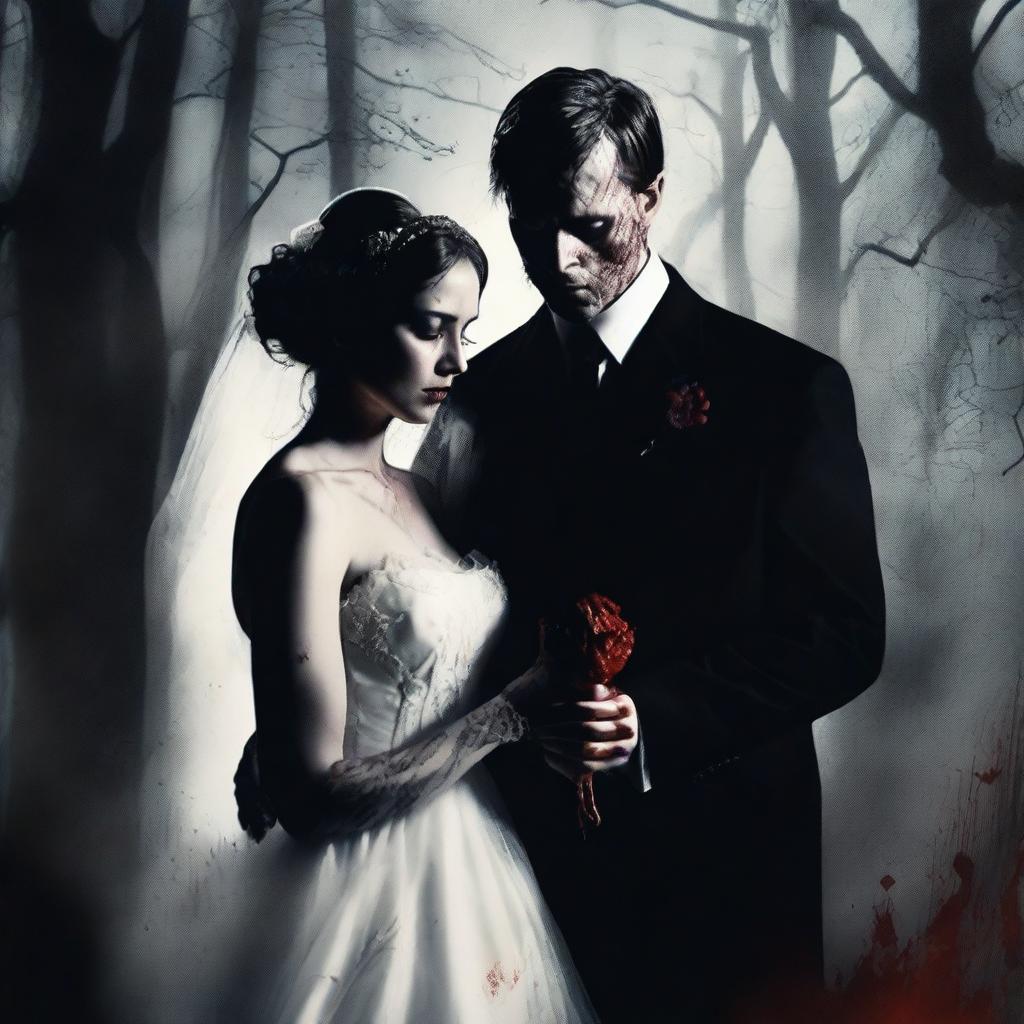 A horror movie poster featuring a bride and groom getting married