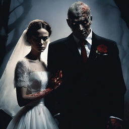 A horror movie poster featuring a bride and groom getting married