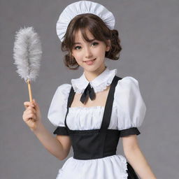 Anime-style girl dressed in a detailed and elegant maid costume, with expressive eyes and styled hair. She carries a feather duster in one hand and has a friendly, welcoming aura.