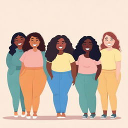 A diverse group of girls of different sizes, smiling confidently and wearing various styles of clothes