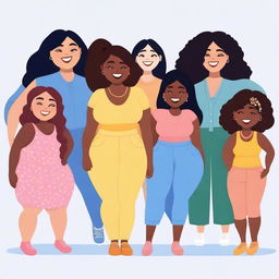 A diverse group of girls of different sizes, smiling confidently and wearing various styles of clothes