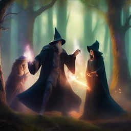 A dynamic scene featuring a male wizard casting a spell while battling a male knight wielding a sword and a female witch casting her own magic