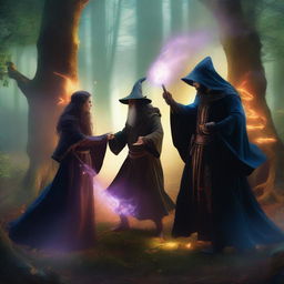 A dynamic scene featuring a male wizard casting a spell while battling a male knight wielding a sword and a female witch casting her own magic