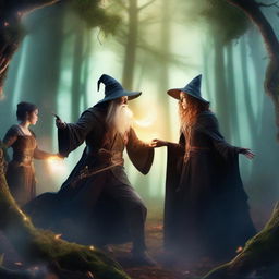 A dynamic scene featuring a male wizard casting a spell while battling a male knight wielding a sword and a female witch casting her own magic