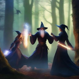 A dynamic scene featuring a male wizard casting a spell while battling a male knight wielding a sword and a female witch casting her own magic