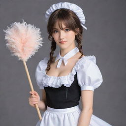 Anime-style girl dressed in a detailed and elegant maid costume, with expressive eyes and styled hair. She carries a feather duster in one hand and has a friendly, welcoming aura.