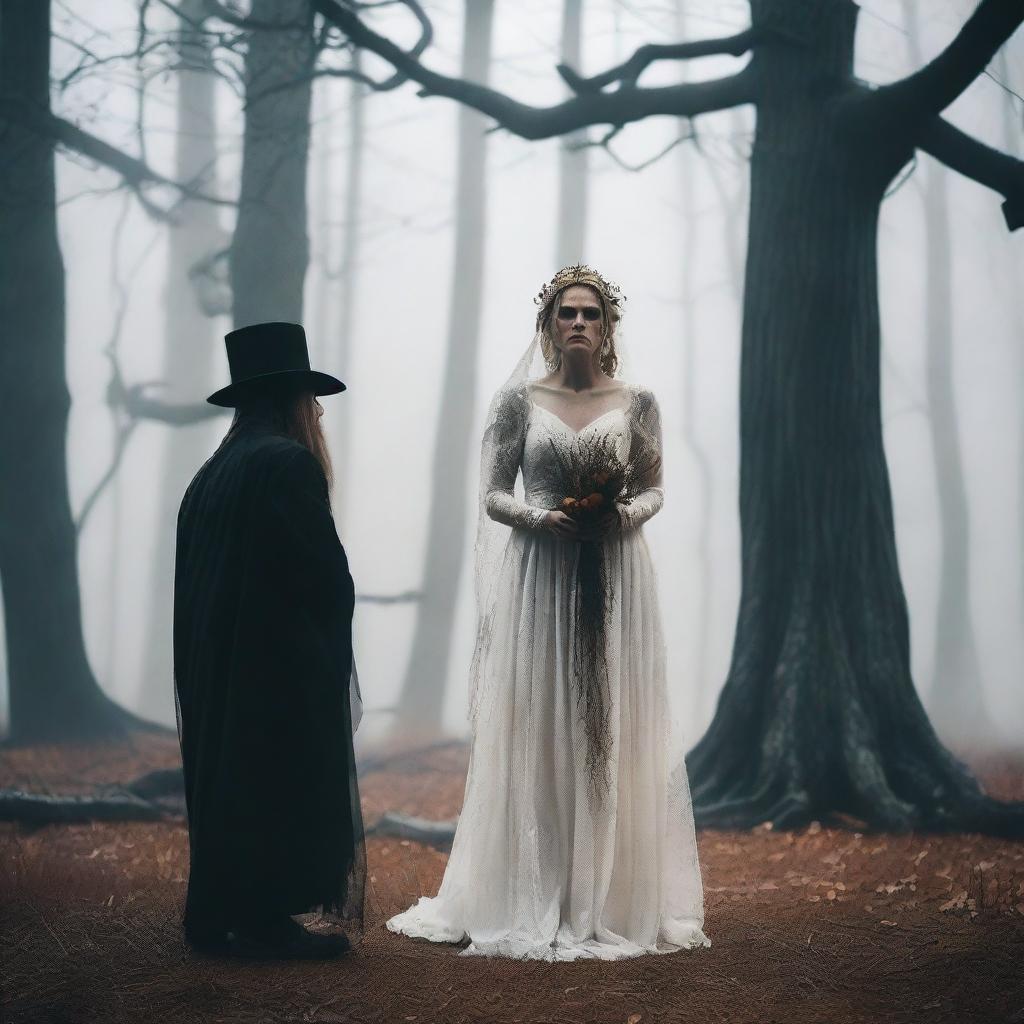 An evil hag with a sinister expression watches a bride and groom getting married in a dark, eerie grove