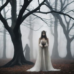 An evil hag with a sinister expression watches a bride and groom getting married in a dark, eerie grove