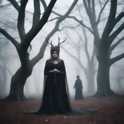 An evil hag with a sinister expression watches a bride and groom getting married in a dark, eerie grove