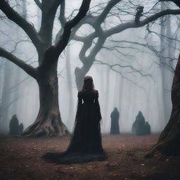 An evil hag with a sinister expression watches a bride and groom getting married in a dark, eerie grove