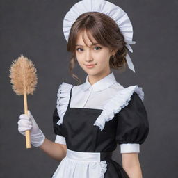 Anime-style girl dressed in a detailed and elegant maid costume, with expressive eyes and styled hair. She carries a feather duster in one hand and has a friendly, welcoming aura.