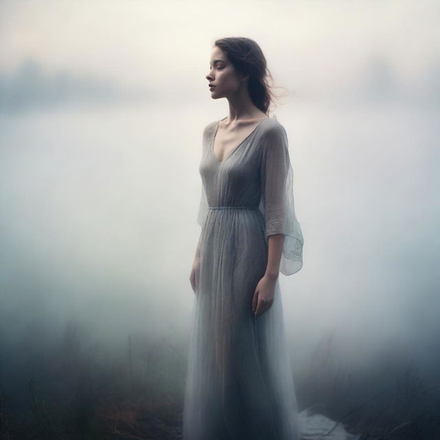 A woman standing surrounded by mist