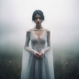 A woman standing surrounded by mist