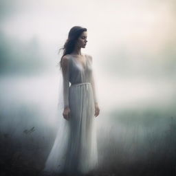 A woman standing surrounded by mist