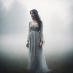 A woman standing surrounded by mist