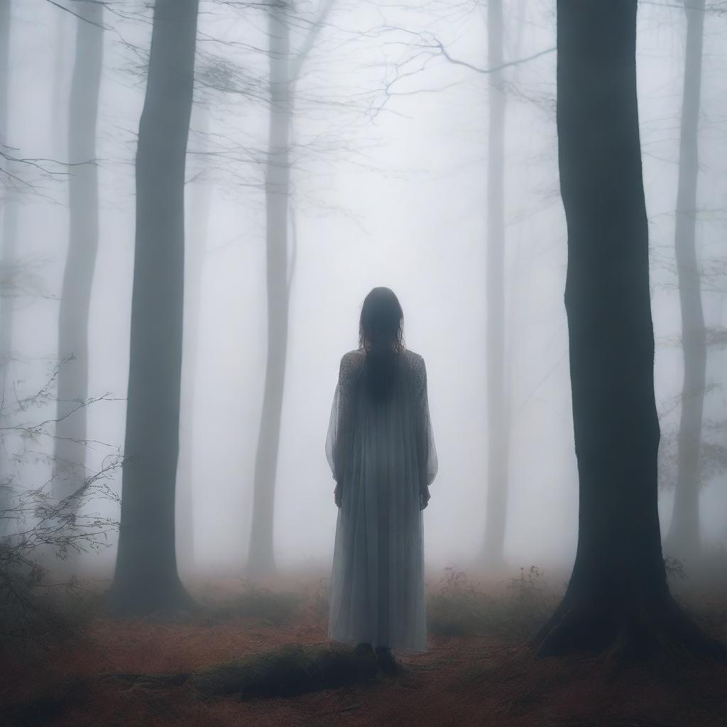 A woman standing in the middle of a forest, surrounded by thick fog