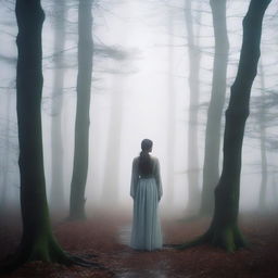 A woman standing in the middle of a forest, surrounded by thick fog