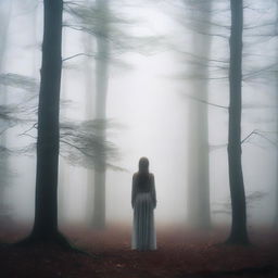 A woman standing in the middle of a forest, surrounded by thick fog