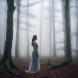 A woman standing in the middle of a forest, surrounded by thick fog