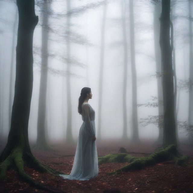 A woman standing in the middle of a forest, surrounded by thick fog