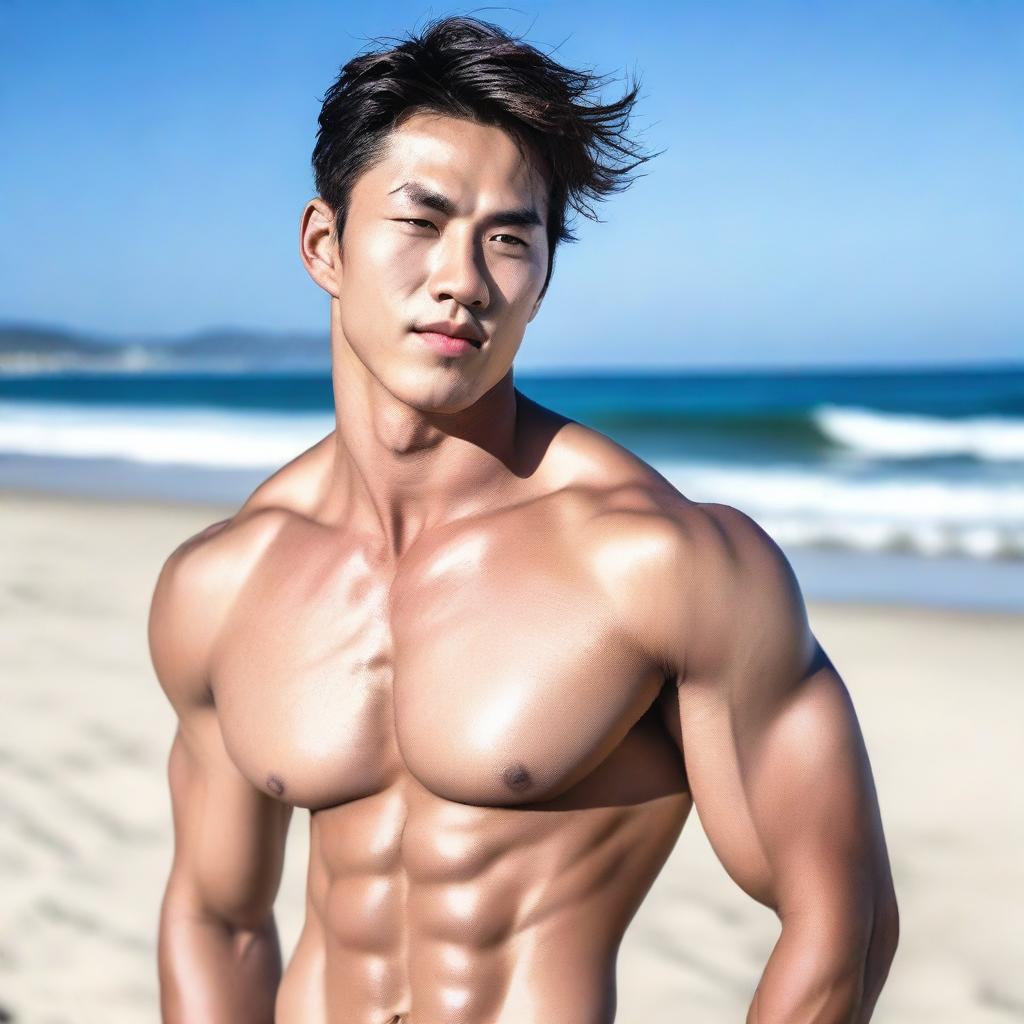 A Korean male model wearing a speedo, posing confidently