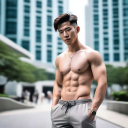 A Korean male model with a noticeable bulge, posing confidently in fashionable attire