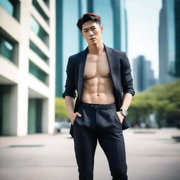 A Korean male model with a noticeable bulge, posing confidently in fashionable attire