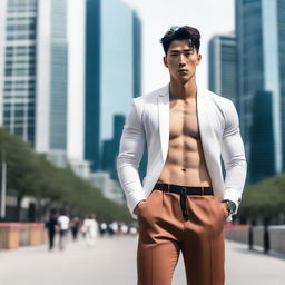 A Korean male model with a noticeable bulge, posing confidently in fashionable attire