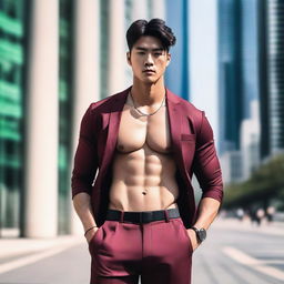 A Korean male model with a noticeable bulge, posing confidently in fashionable attire