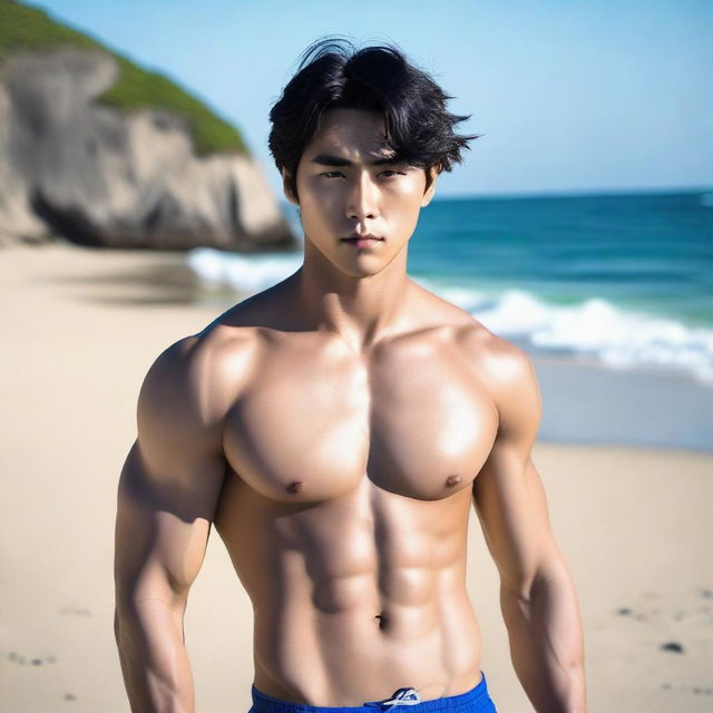 A Korean male model wearing a g-string, posing confidently