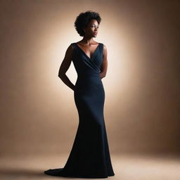 A confident, strong woman standing tall in an elegant attire, with soft lighting casting an empowering silhouette.