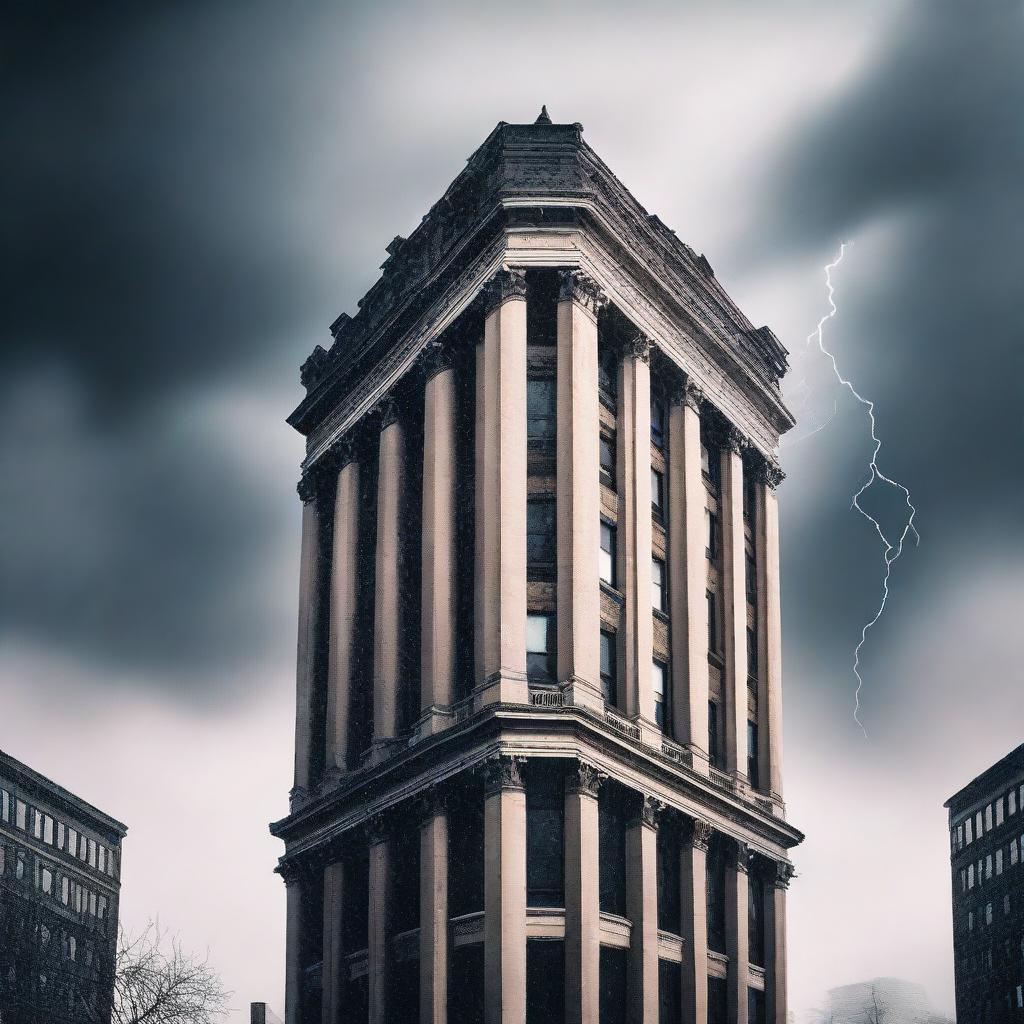 An ebook cover design featuring a dramatic scene of a building in the midst of a storm